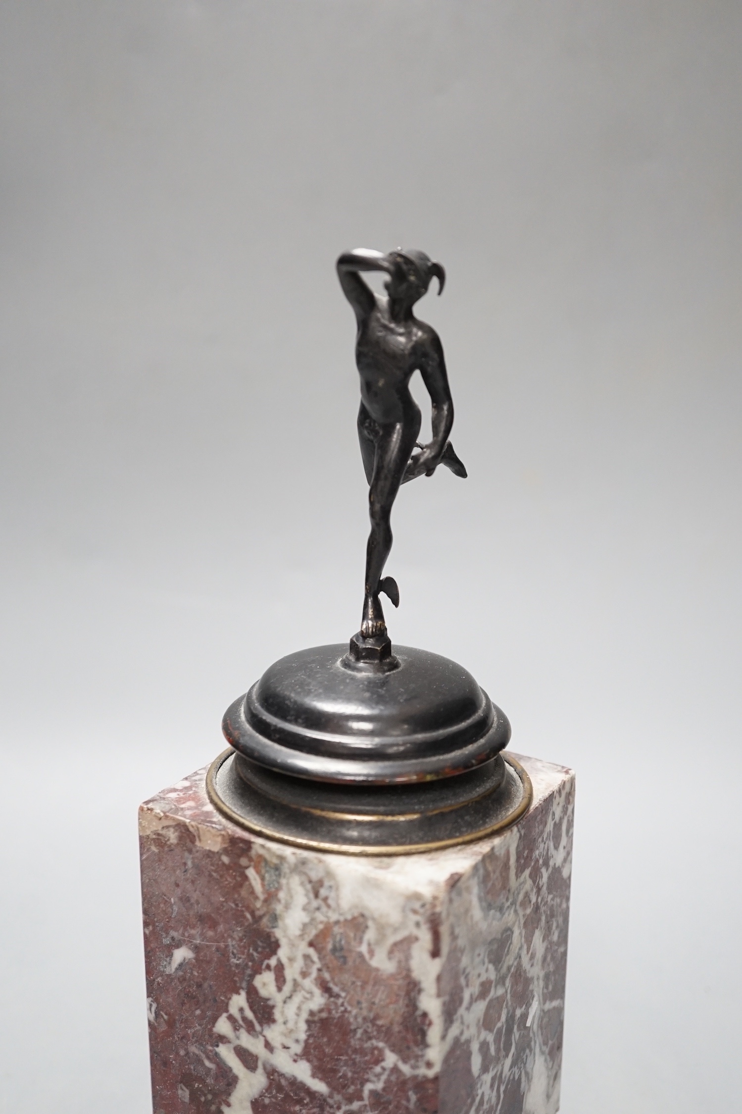 A 19th century bronze figure of Hermes on a marble pedestal, 26cm